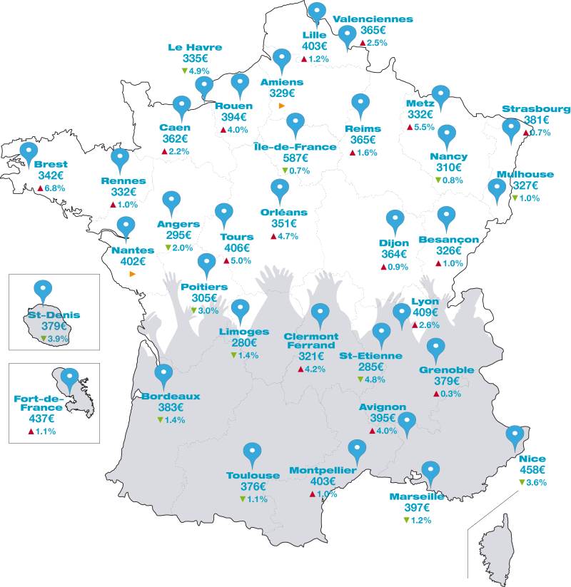 Cartographie du prix moyen des loyers (studio 20 m²)